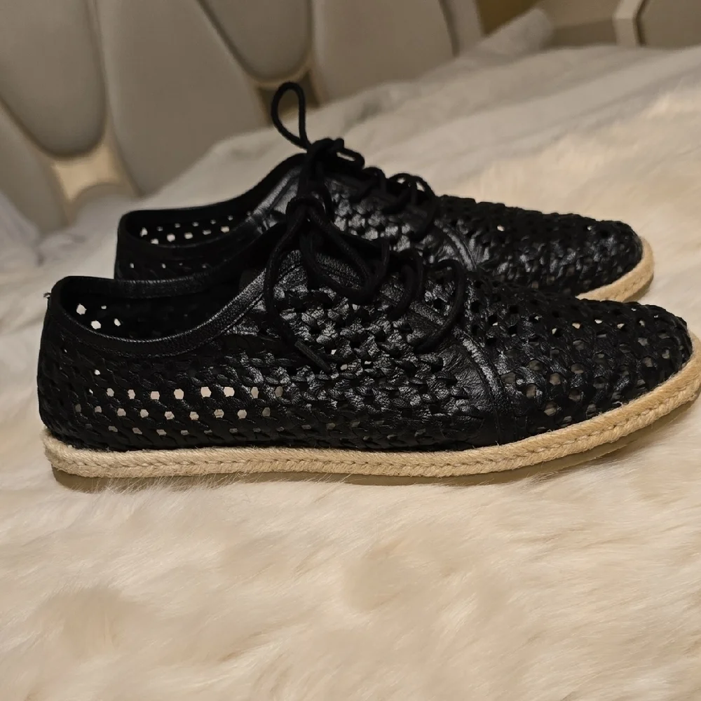 Seychelles Black Leather Espadrilles with Woven Texture Size 8 EUC From Dillards